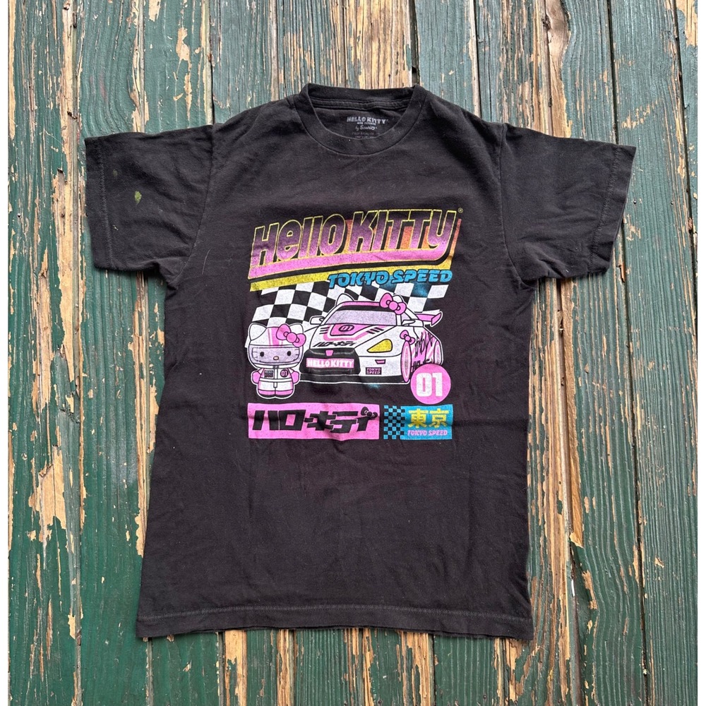 Hello Kitty Tokyo Speed Graphic T-Shirt Sanrio Bioworld Black Racing Tee Small